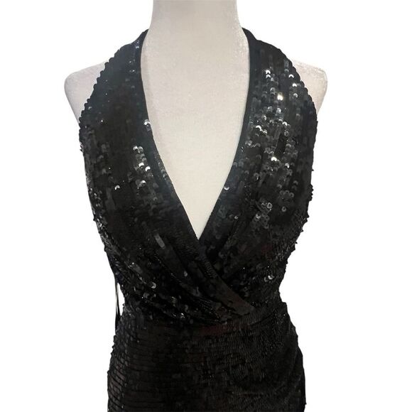 NWTâ MacâDuggal black sequin midi Halter dress women's size 2 with side ruching - Picture 4 of 14